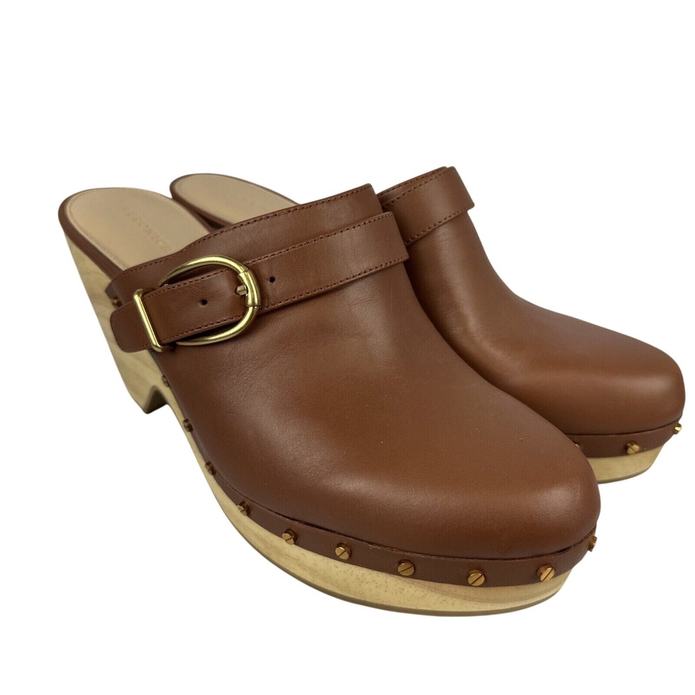 Veronica Beard Hendrix Brown Leather Platform Clogs 10.5 Wooden Block Heel Mules
